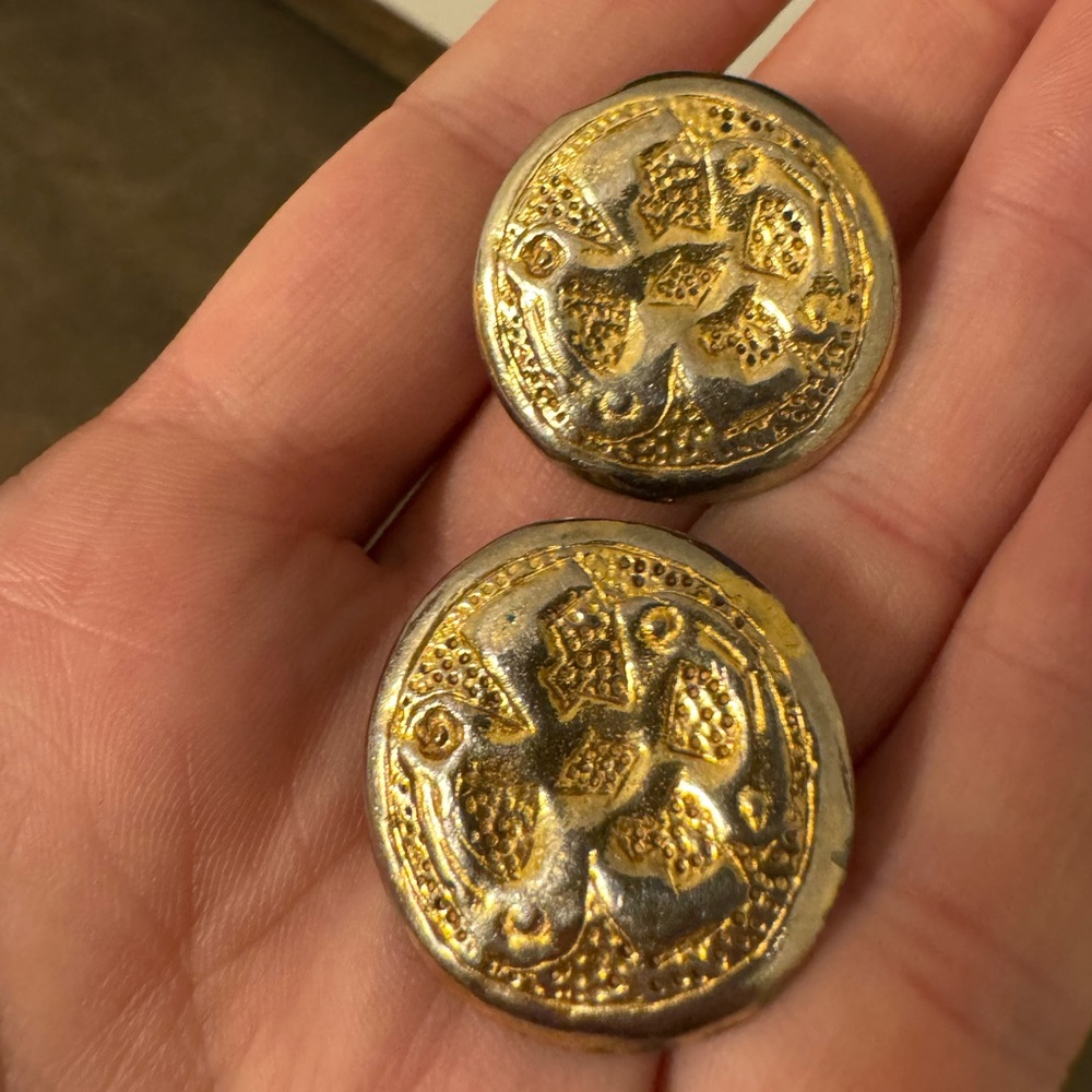 Alva Studios Greek coins motif vintage clip on gold tone earrings